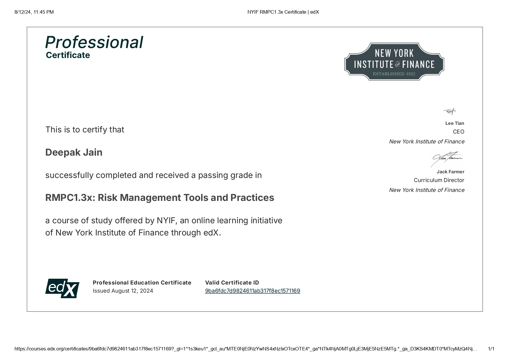 New York Institute of Finance - Risk Management